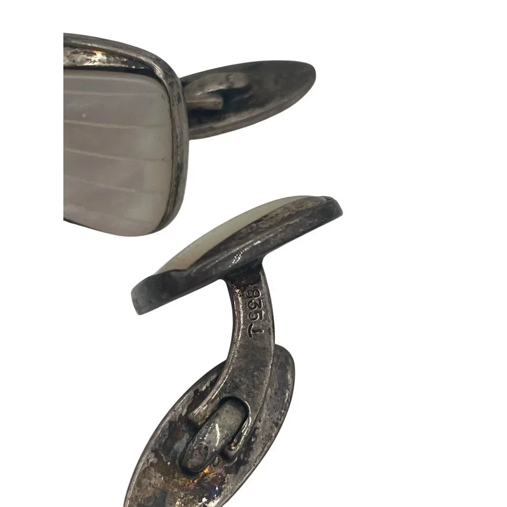 Vintage 835 Silver & Mother Of Pearl Cufflinks Mosaic Design 2 Sets